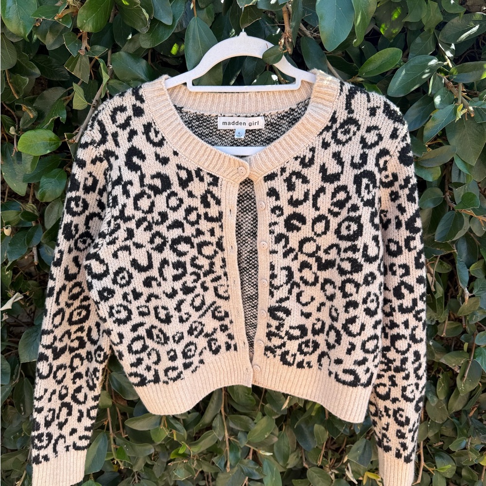 Madden Girl Beige and Black Leopard-Print Button Cardigan